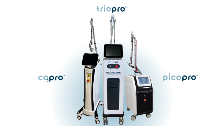 TrioPro, CO2Pro, and PicoPro devices by AVANTA Medical showcasing advanced aesthetic technologies for diverse treatments.