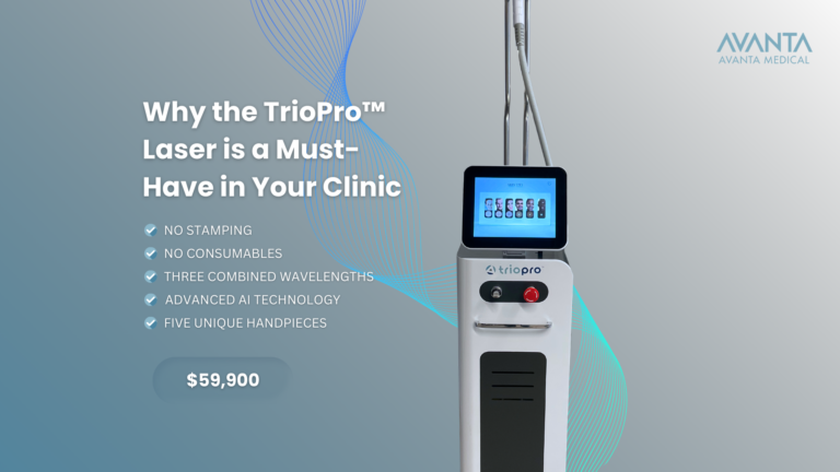 TrioPro laser device by AVANTA Medical, featuring advanced AI technology, three wavelengths, and five handpieces for professional clinics.