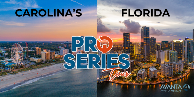 Pro Series Tour by AVANTA Medical featuring North and South Carolina alongside Florida cityscapes at sunrise and sunset.