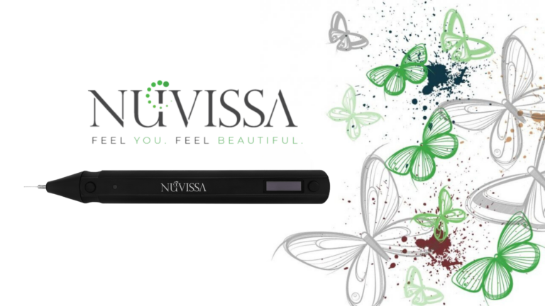 NuVissa Plasma Pen with a sleek design, surrounded by green and gray butterflies, promoting its advanced aesthetic technology.