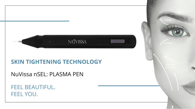 NuVissa nSEL Plasma Pen displayed alongside facial treatment areas, highlighting its advanced skin tightening technology.