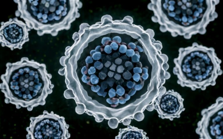 High-resolution microscopic image of exosomes, showcasing their intricate structure and role in cellular communication.