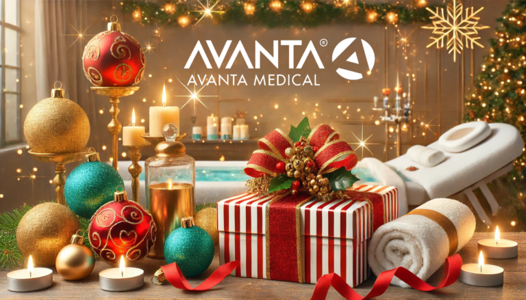 Holiday-themed display by AVANTA Medical featuring festive ornaments, candles, gift boxes, and a med spa treatment bed in a luxurious setting.