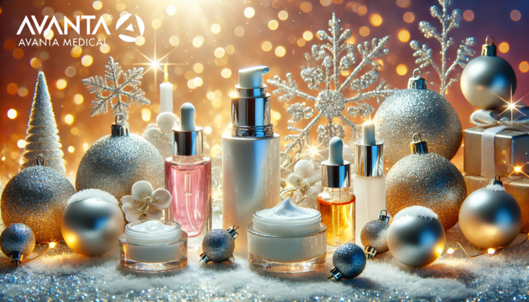 Holiday skincare display by AVANTA Medical featuring luxurious creams, serums, and festive ornaments in a glittering winter setting.