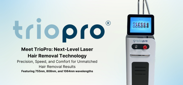 TrioPro Laser Hair Removal Device by AVANTA Medical, featuring 755nm, 808nm, and 1064nm wavelengths for precision, speed, and comfort.