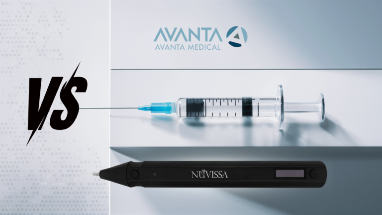 Comparison between a syringe for Botox and the NuVissa Plasma Pen by AVANTA Medical for aesthetic treatments.