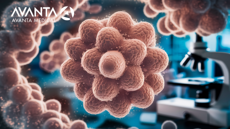 High-resolution visualization of exosomes in a laboratory setting with AVANTA Medical branding, showcasing advanced cellular research.