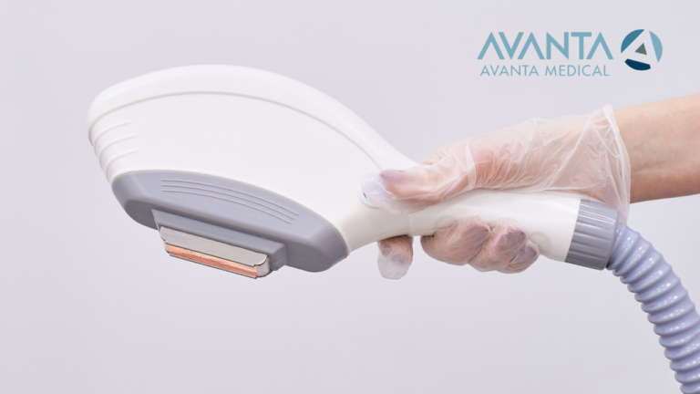 Close-up of an IPL handpiece held by a professional wearing gloves, showcasing AVANTA Medical's advanced aesthetic technology.