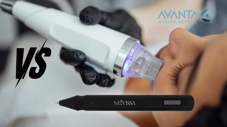 Comparison between a microneedling device and the NuVissa Plasma Pen by AVANTA Medical, highlighting aesthetic treatment options.