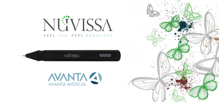 NuVissa Plasma Pen by AVANTA Medical with a clean design featuring colorful butterflies and the tagline 'Feel You. Feel Beautiful.